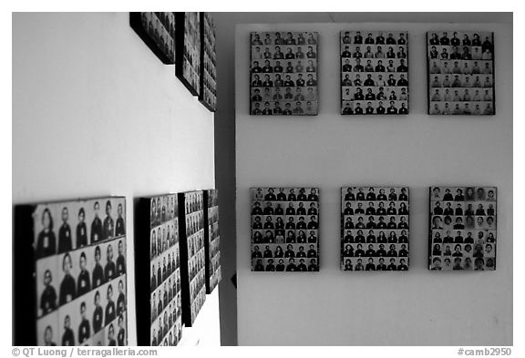 Pictures of executed prisoners, Tuol Sleng Genocide Museum. Phnom Penh, Cambodia (black and white)