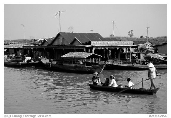 Houses along Tonle Sap river. Cambodia (black and white)