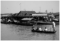 Houses along Tonle Sap river. Cambodia (black and white)