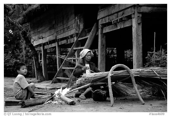 Village life. Mekong river, Laos (black and white)