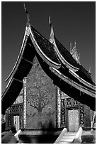 Rear of the Sim of Wat Xieng Thong with mosaic of the tree of life. Luang Prabang, Laos (black and white)