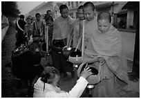 Women give alm during morning procession of buddhist monks. Luang Prabang, Laos ( black and white)