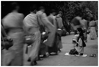 Buddhist monks walking past alm-giving woman. Luang Prabang, Laos (black and white)