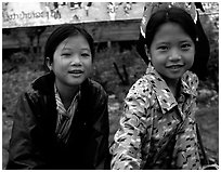 Two young girls at the market. Luang Prabang, Laos (black and white)