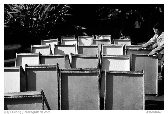 Paper making in Ban Phanom village. Luang Prabang, Laos (black and white)