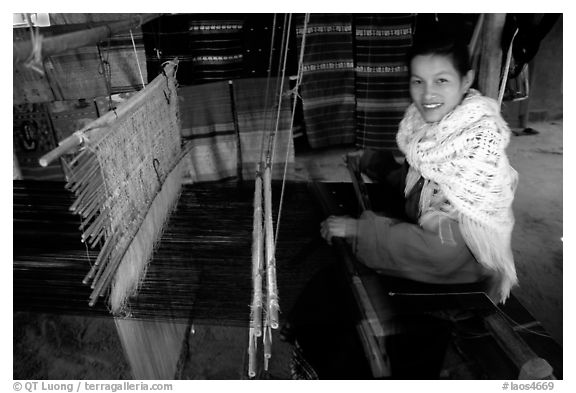 Traditional weaving in Ban Xang Hai village. Laos (black and white)