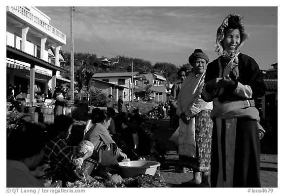 Women in tribal clothes at the Huay Xai market. Laos