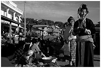 Women in tribal clothes at the Huay Xai market. Laos (black and white)