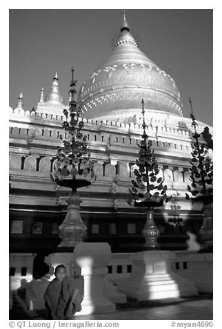 Novice at Shwezigon Paya. Bagan, Myanmar (black and white)