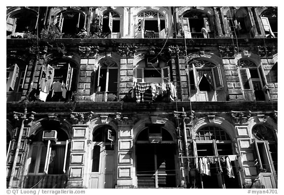 Facade of colonial-area building. Yangon, Myanmar (black and white)