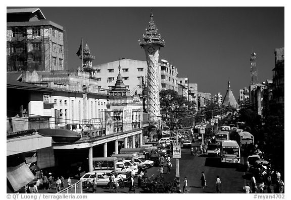 Mahabandoola Lan and the Sule Paya. Yangon, Myanmar (black and white)