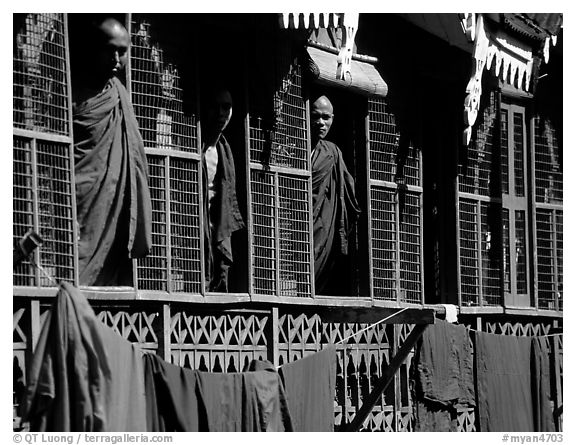 Monks in residential quarters, Shwedagon Paya. Yangon, Myanmar (black and white)