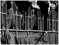 Monks in residential quarters, Shwedagon Paya. Yangon, Myanmar (black and white)