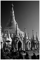 Praying at Planetery post, the Shwedagon Paya. Yangon, Myanmar (black and white)