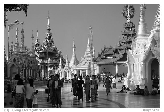 Walking on the platform, Shwedagon Paya. Yangon, Myanmar (black and white)