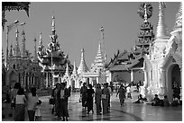 Walking on the platform, Shwedagon Paya. Yangon, Myanmar (black and white)