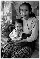 Older burmese woman and child. Bagan, Myanmar ( black and white)