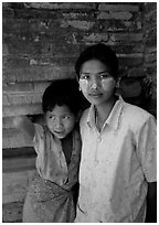 Young burmese woman and child. Bagan, Myanmar (black and white)