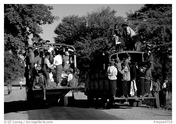 Crowded public busses. Mount Popa, Myanmar (black and white)