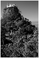 Complex of monestaries on a volcanic spire. Mount Popa, Myanmar (black and white)