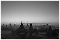 Sunrise over the plain doted with 2000 temples. Bagan, Myanmar ( black and white)