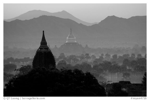 Dhammayazika Paya and mountains at dawn. Bagan, Myanmar (black and white)