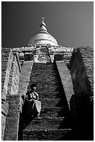 On steps of Shwesandaw Paya's upper terraces. Bagan, Myanmar (black and white)