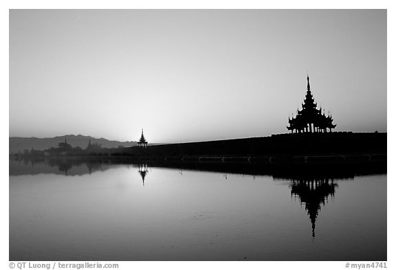 Sunrise on the Mandalay Fort moats. Mandalay, Myanmar (black and white)