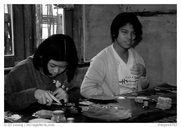 The golden leaves factory. Mandalay, Myanmar (black and white)