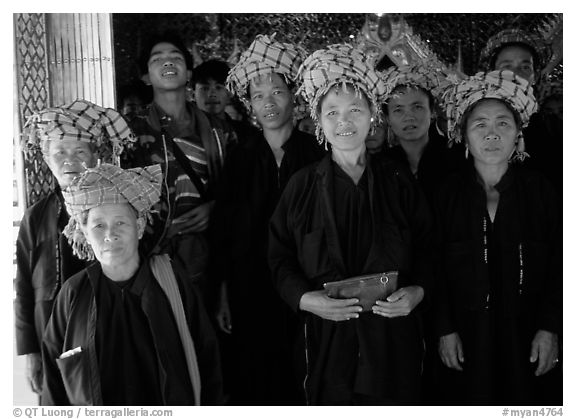 Women from Shan state visiting. Mandalay, Myanmar (black and white)