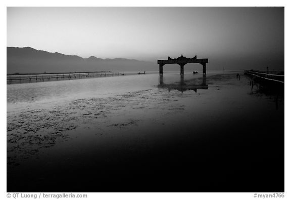 The gate of the lake, sunrise. Inle Lake, Myanmar (black and white)