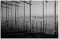 Stilts huts and temple. Inle Lake, Myanmar ( black and white)