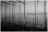 Stilts huts and temple. Inle Lake, Myanmar (black and white)