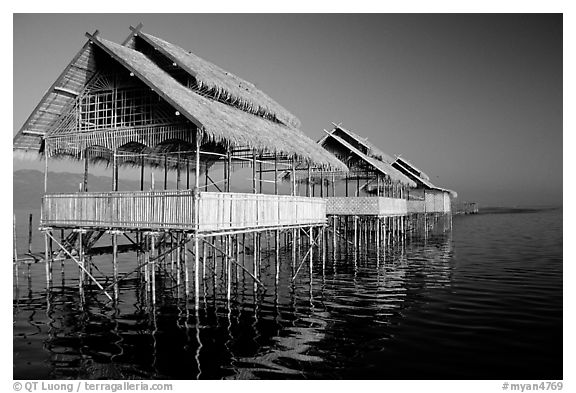 Huts on stilts in middle of lake. Inle Lake, Myanmar (black and white)