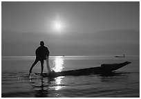 Intha fisherman, sunrise. Inle Lake, Myanmar (black and white)