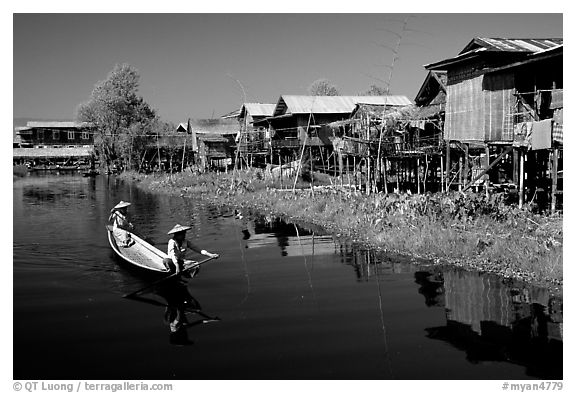 Village built on the lake. Inle Lake, Myanmar (black and white)
