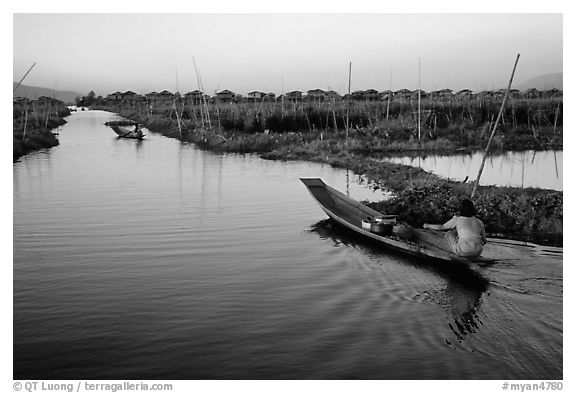 Floating gardens and village. Inle Lake, Myanmar (black and white)