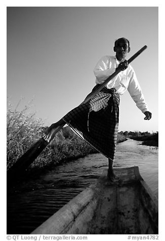 Intha man demonstrating leg-rowing. Inle Lake, Myanmar