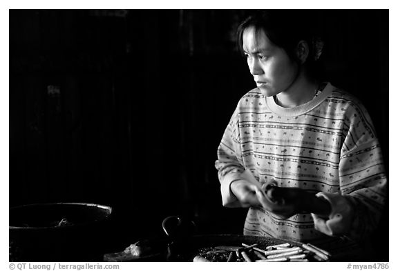 Woman Making cheerots. Inle Lake, Myanmar (black and white)