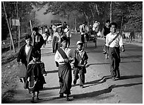 Walking on road near Swwenyaung. Shan state, Myanmar ( black and white)