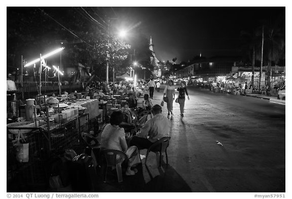 Street leading to East entrance of Shwedagon Pagoda. Yangon, Myanmar (black and white)