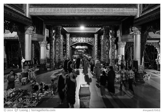 Eastern entrance corridor by night, Shwedagon Pagoda. Yangon, Myanmar (black and white)