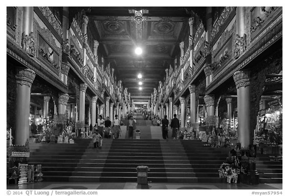 Eastern stairway bordered by souvenir stalls, Shwedagon Pagoda. Yangon, Myanmar (black and white)