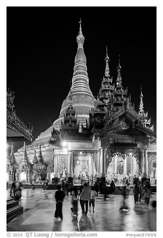 Eastern Main Shrine at night, Shwedagon Pagoda. Yangon, Myanmar (black and white)