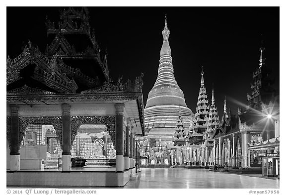 Saw Lapaw Pagoda, Sandawdwin Pagoda, and Main Chedi at night, Shwedagon Pagoda. Yangon, Myanmar (black and white)