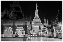 Saw Lapaw Pagoda, Sandawdwin Pagoda, and Main Chedi at night, Shwedagon Pagoda. Yangon, Myanmar ( black and white)