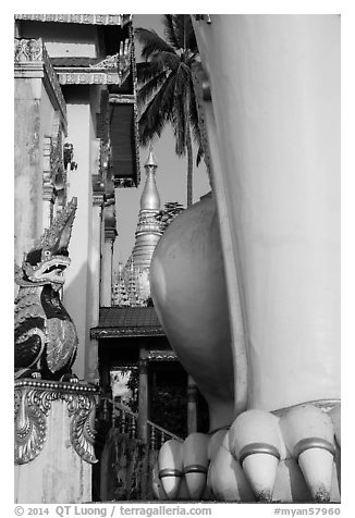 Architectural detail of West gate and Main Stupa, Shwedagon Pagoda. Yangon, Myanmar (black and white)