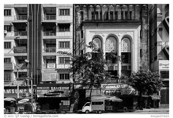 Modern and colonial-area facades in city center. Yangon, Myanmar (black and white)
