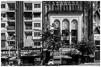 Modern and colonial-area facades in city center. Yangon, Myanmar ( black and white)