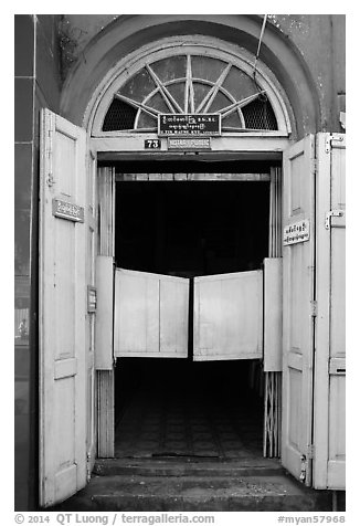 Colorful doorway. Yangon, Myanmar (black and white)